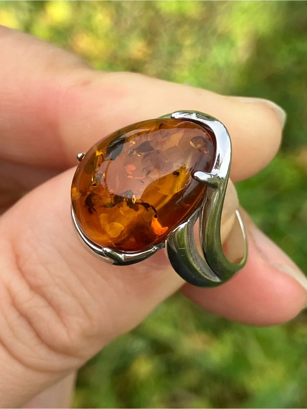 Genuine Amber Sterling Silver Ring Size 6